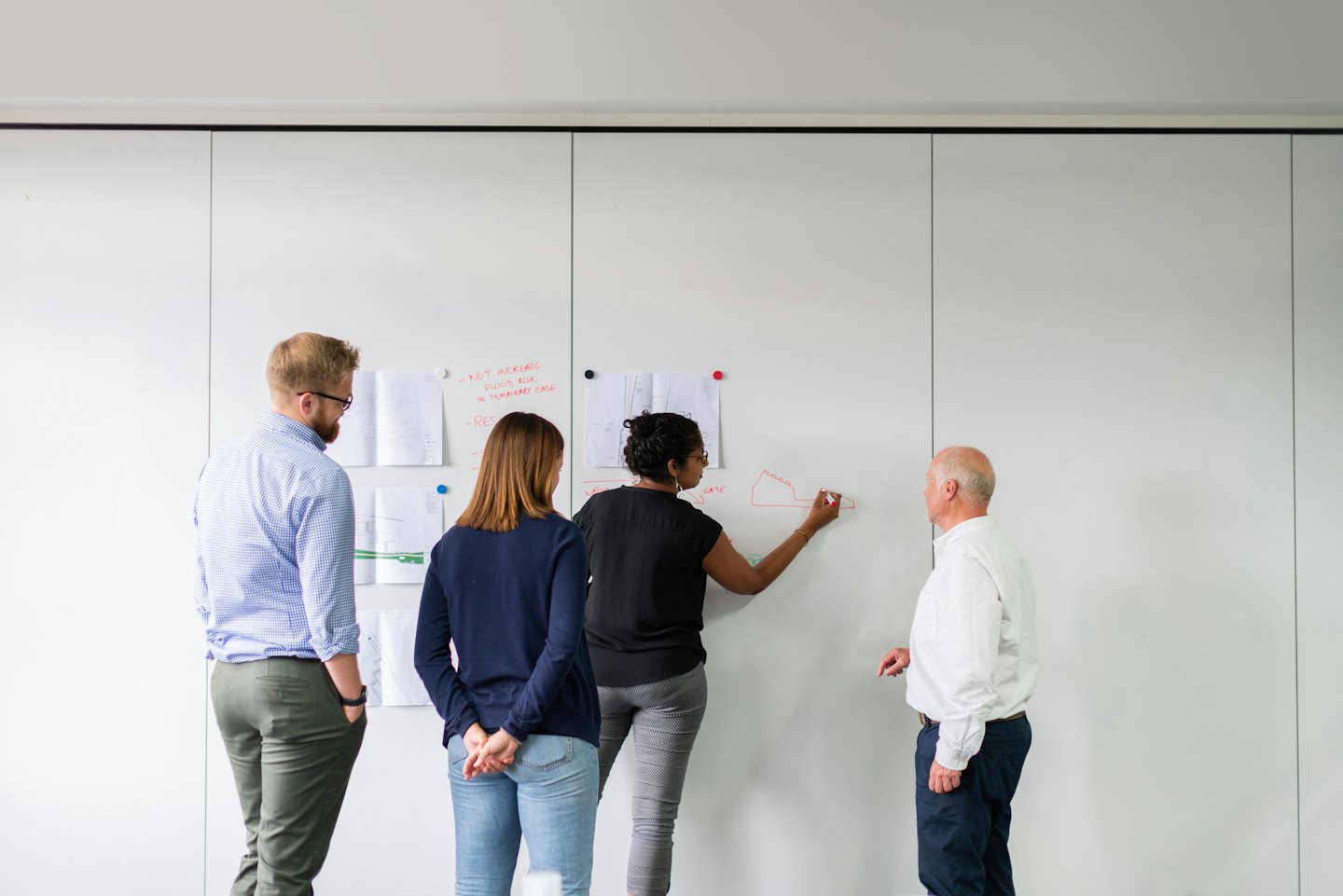 Un team di professionisti collabora a un diagramma rosso su una lavagna.
